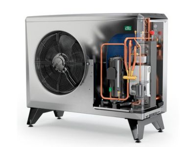 Heat pump unit with visible internal components, including compressor, refrigerant lines, and fan, illustrating energy-efficient heating and cooling technology for homes.