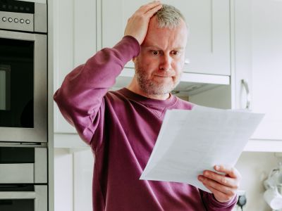 Man looking concerned while holding a document, likely related to rising energy bills, in a kitchen setting.