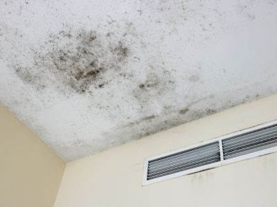 Ceiling with mold and discoloration, indicating moisture issues and potential indoor air quality problems related to HVAC systems.
