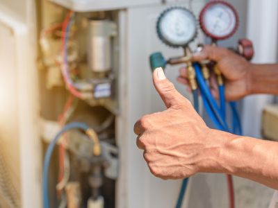 HVAC technician using gauges to assess refrigerant levels in a cooling system, signaling thumbs up for proper evaluation and maintenance.