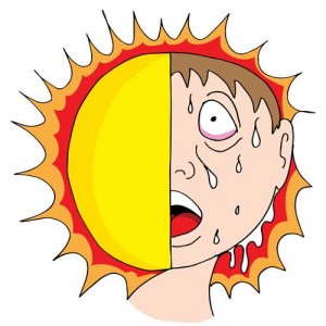 Cartoon illustration of a person sweating under the sun, emphasizing the importance of air conditioning and energy efficiency during hot weather.