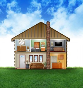 Illustration of a split-level house showcasing interior rooms, including living spaces and bedrooms, emphasizing HVAC system integration for energy efficiency and comfort in home environments.