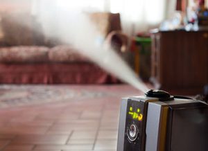Humidifier emitting mist in cozy living room, enhancing warmth and comfort during winter.