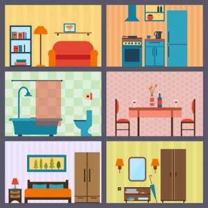 Illustration of various home interiors including a living room with a sofa and bookshelf, a kitchen with appliances, a bathroom with a bathtub and toilet, a dining area with a table and chairs, and a bedroom featuring a bed and wardrobe, representing tips for maintaining temperature consistency in different rooms.